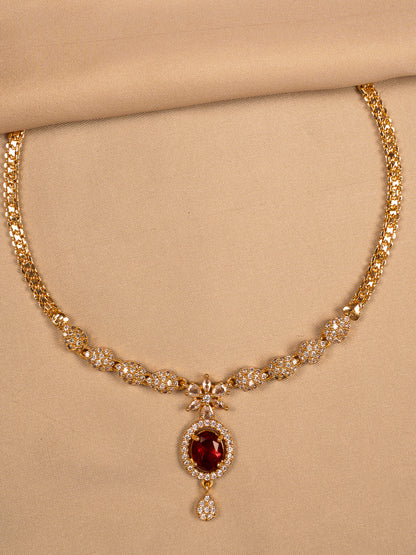 Elegant Gold Necklace with Red Stone Pendant & White CZ Detailing