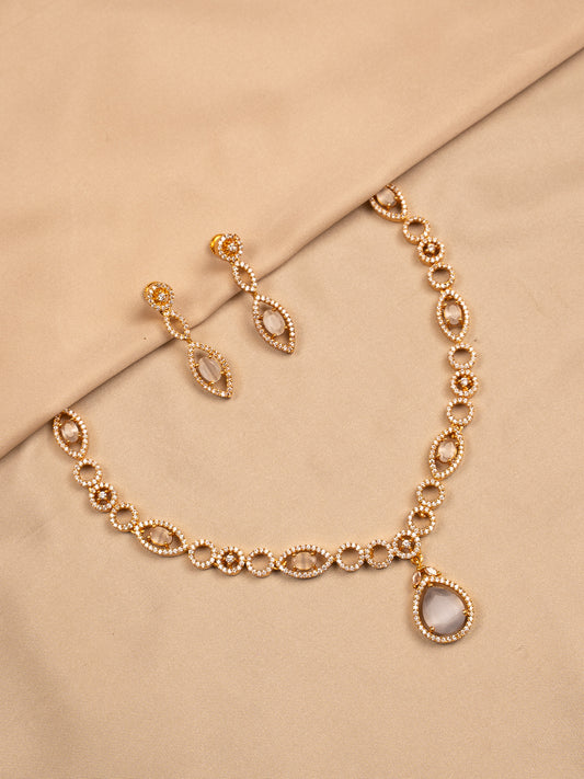 Crystal Glow Drop Necklace Set – Grey Stone & Gold Polish