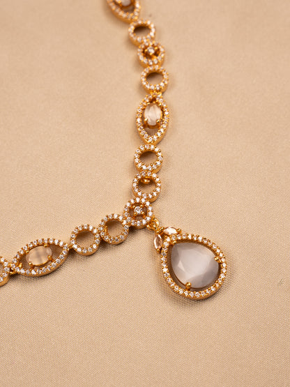 Crystal Glow Drop Necklace Set – Grey Stone & Gold Polish