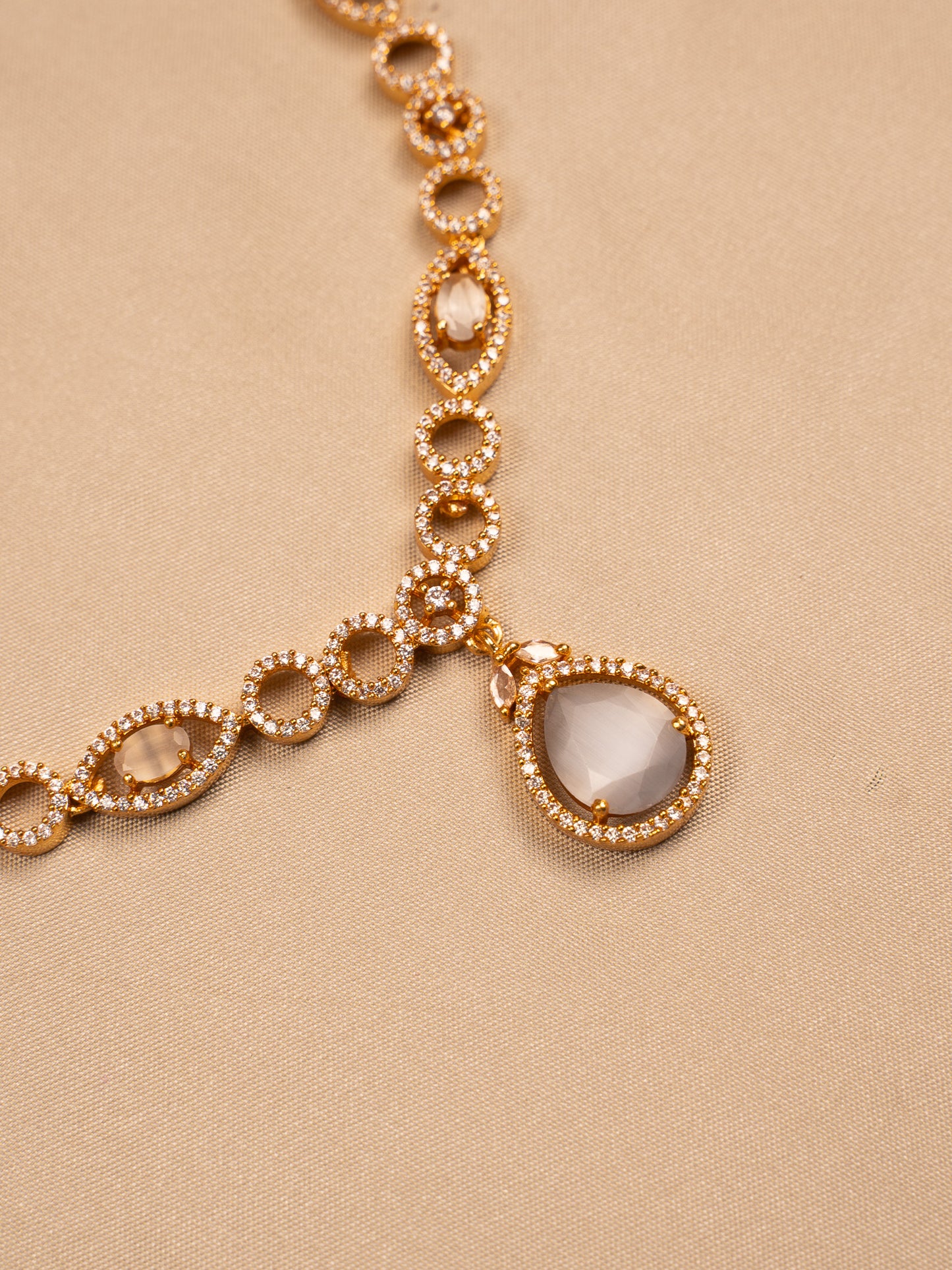 Crystal Glow Drop Necklace Set – Grey Stone & Gold Polish