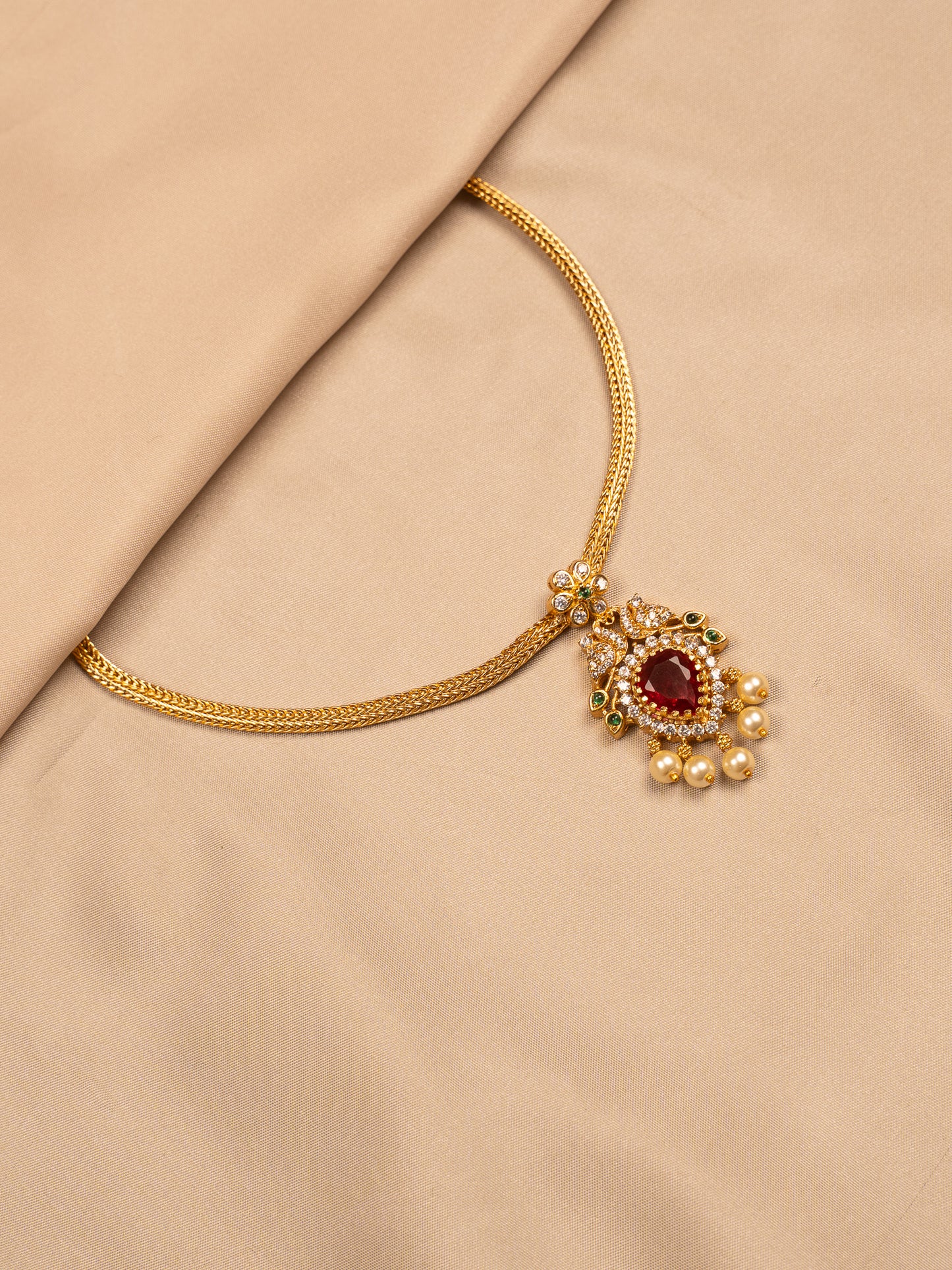 Peacock Ruby Pendant Necklace with Pearl Drops – Antique Gold Finish