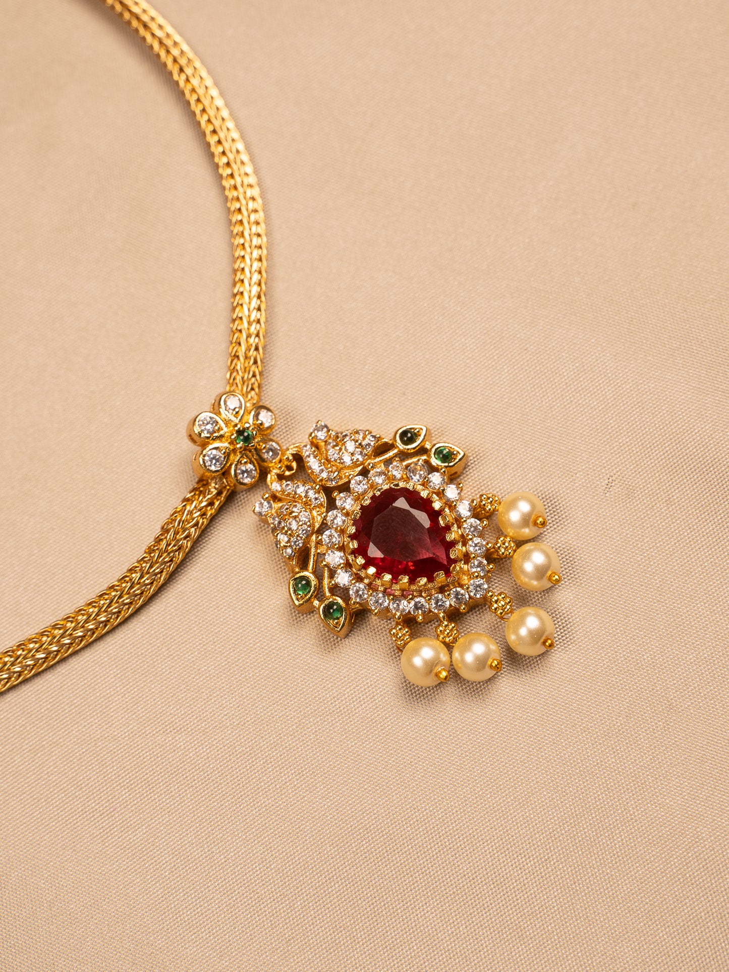 Peacock Ruby Pendant Necklace with Pearl Drops – Antique Gold Finish