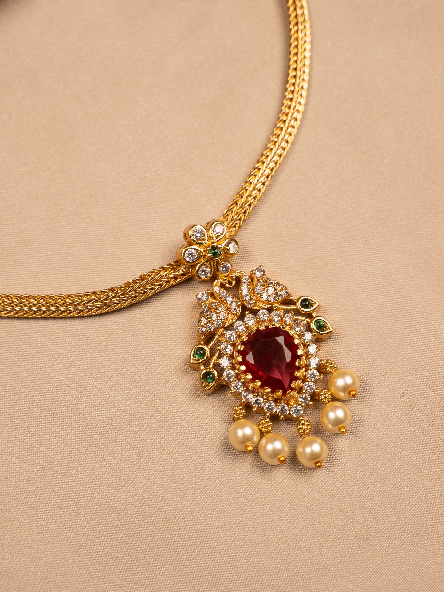 Peacock Ruby Pendant Necklace with Pearl Drops – Antique Gold Finish