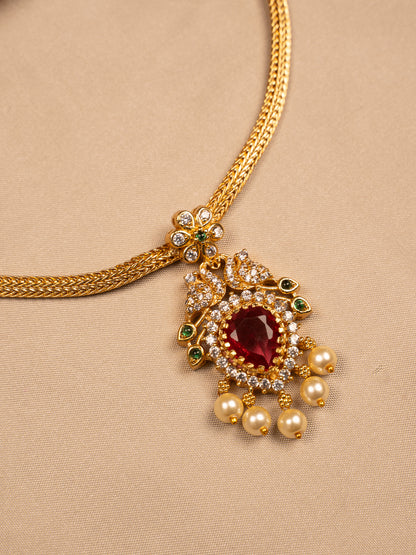 Peacock Ruby Pendant Necklace with Pearl Drops – Antique Gold Finish