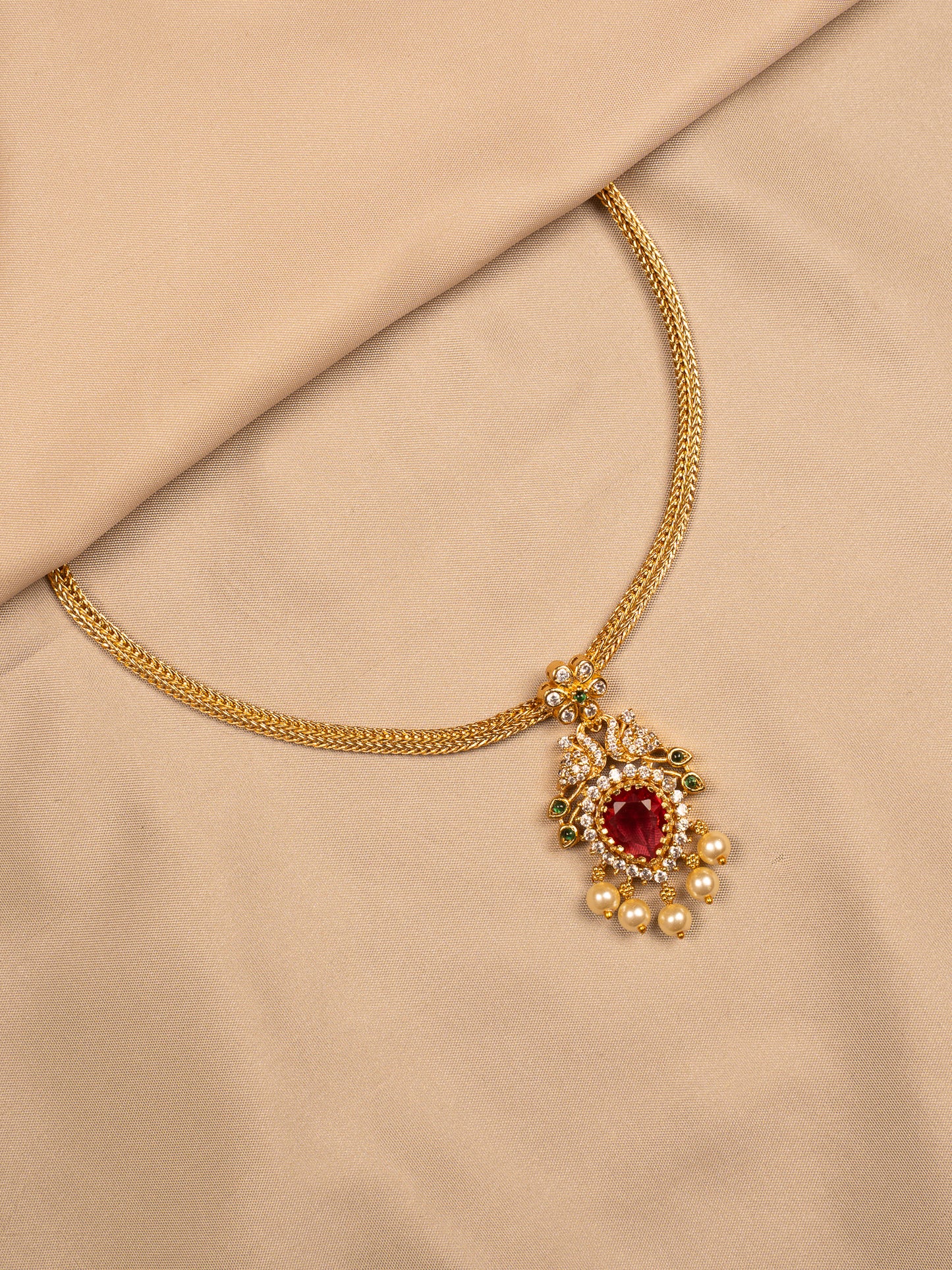 Peacock Ruby Pendant Necklace with Pearl Drops – Antique Gold Finish