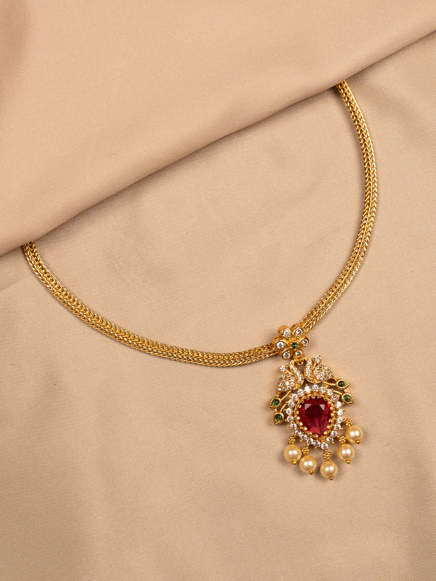 Peacock Ruby Pendant Necklace with Pearl Drops – Antique Gold Finish