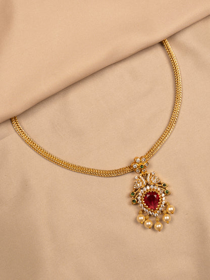 Peacock Ruby Pendant Necklace with Pearl Drops – Antique Gold Finish