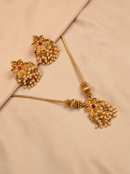 Floral Antique Gold Pendant Set with Pearl Drops