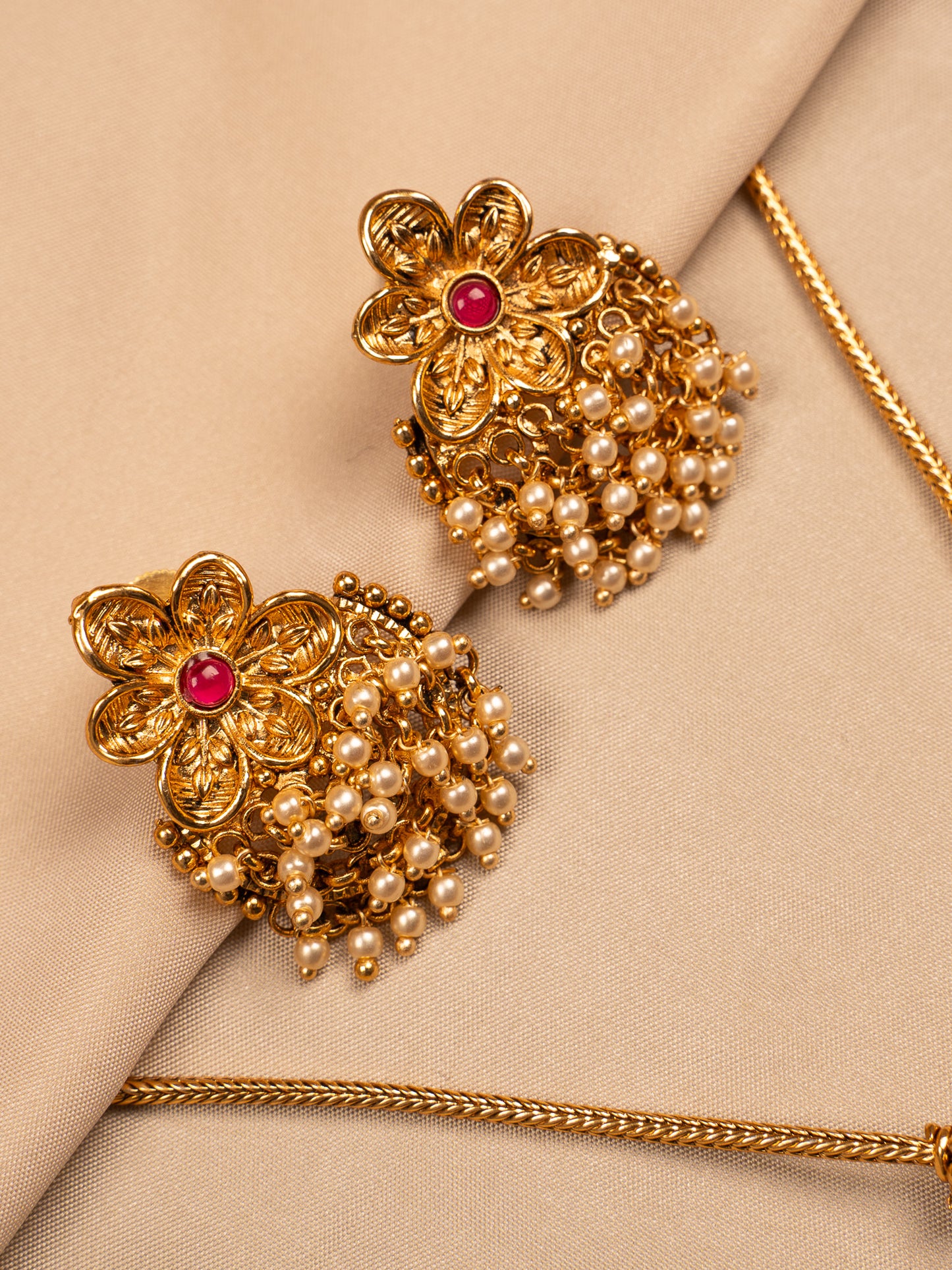 Floral Antique Gold Pendant Set with Pearl Drops