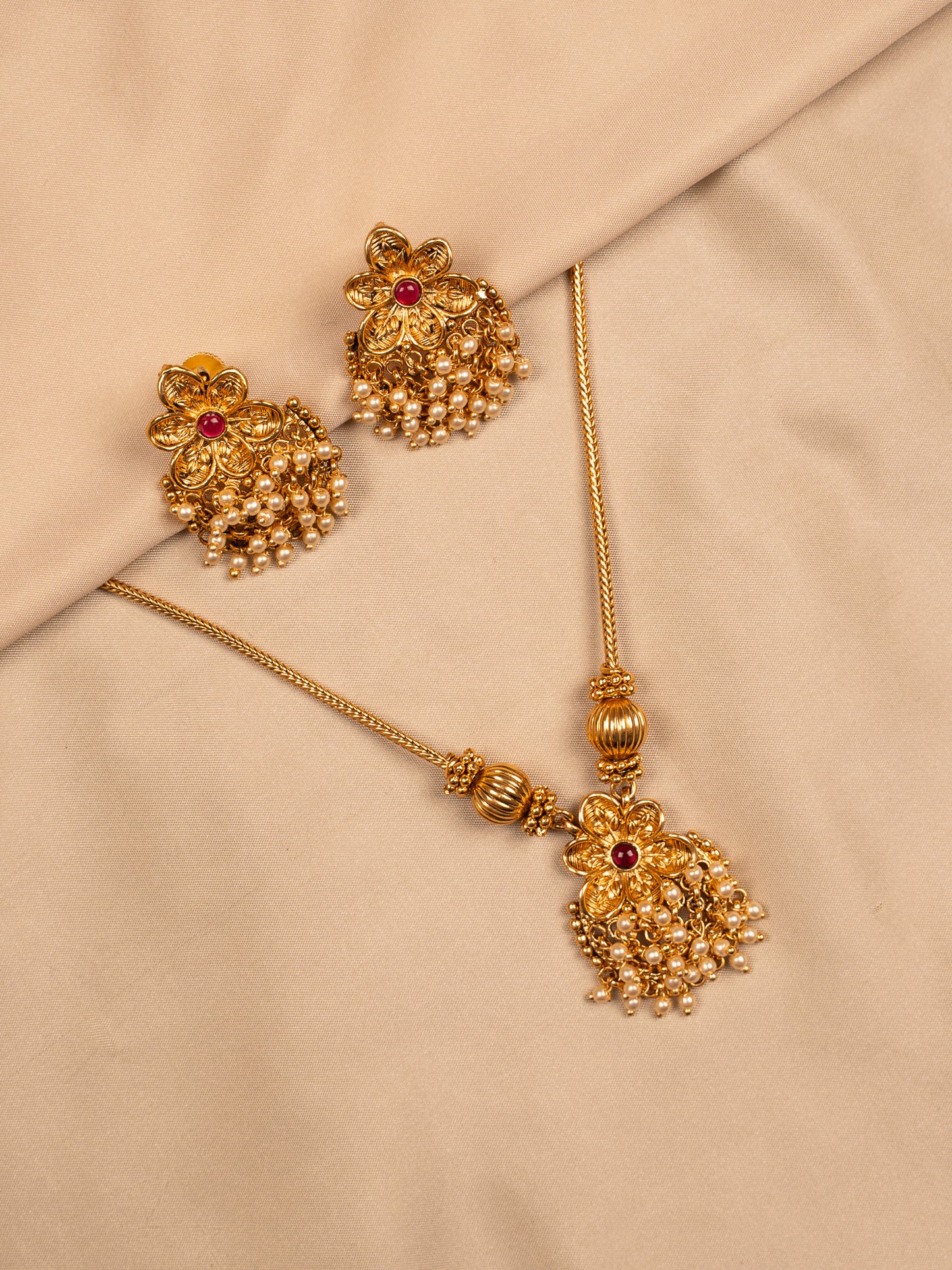 Floral Antique Gold Pendant Set with Pearl Drops