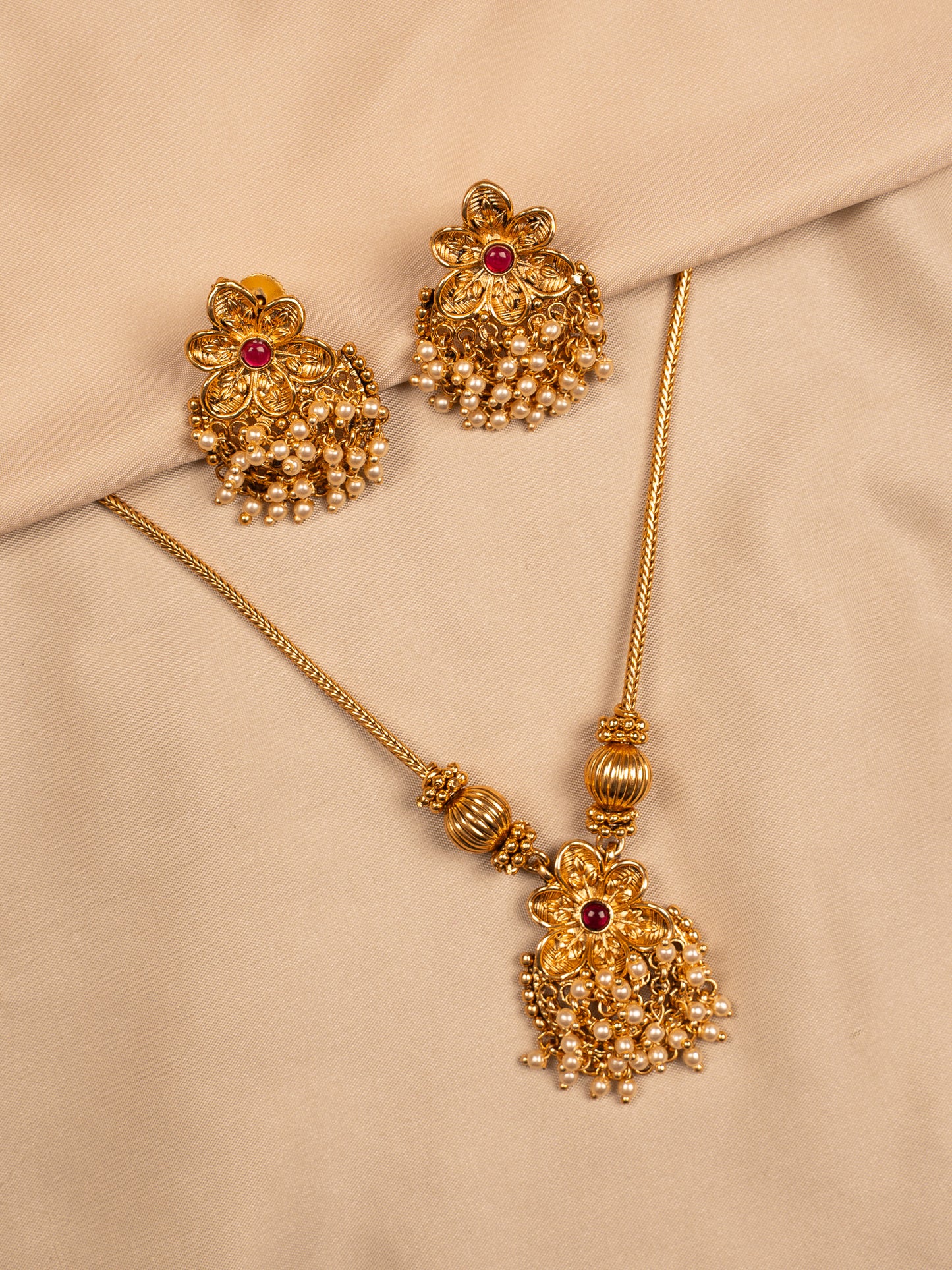Floral Antique Gold Pendant Set with Pearl Drops