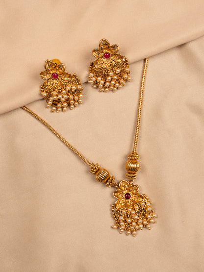 Floral Antique Gold Pendant Set with Pearl Drops