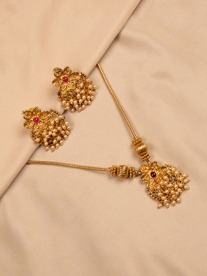 Floral Antique Gold Pendant Set with Pearl Drops