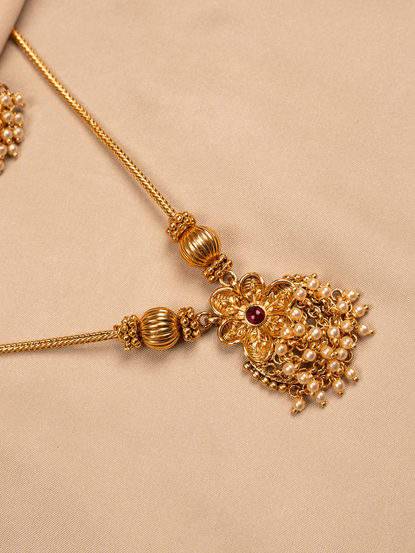 Floral Antique Gold Pendant Set with Pearl Drops