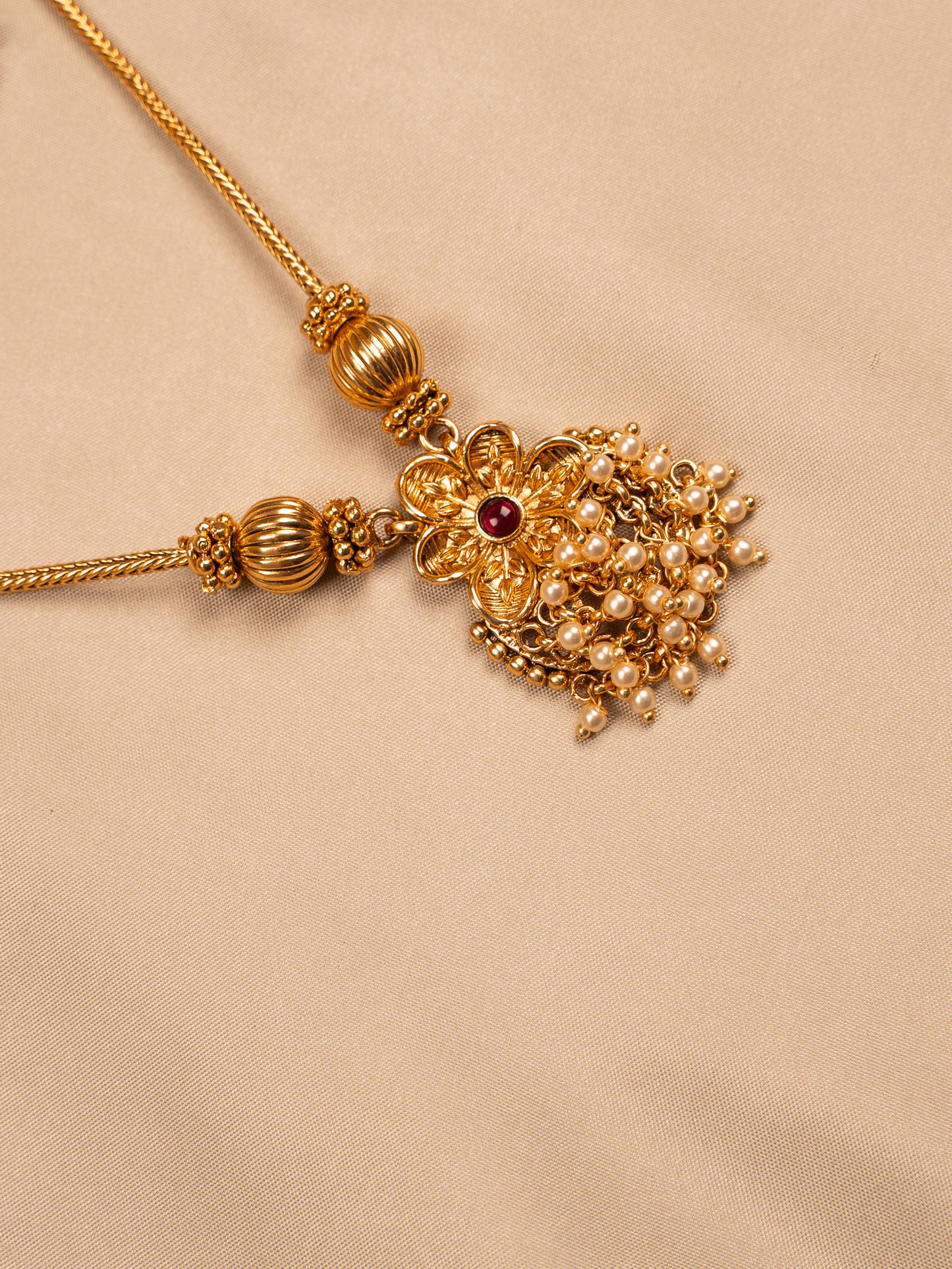 Floral Antique Gold Pendant Set with Pearl Drops