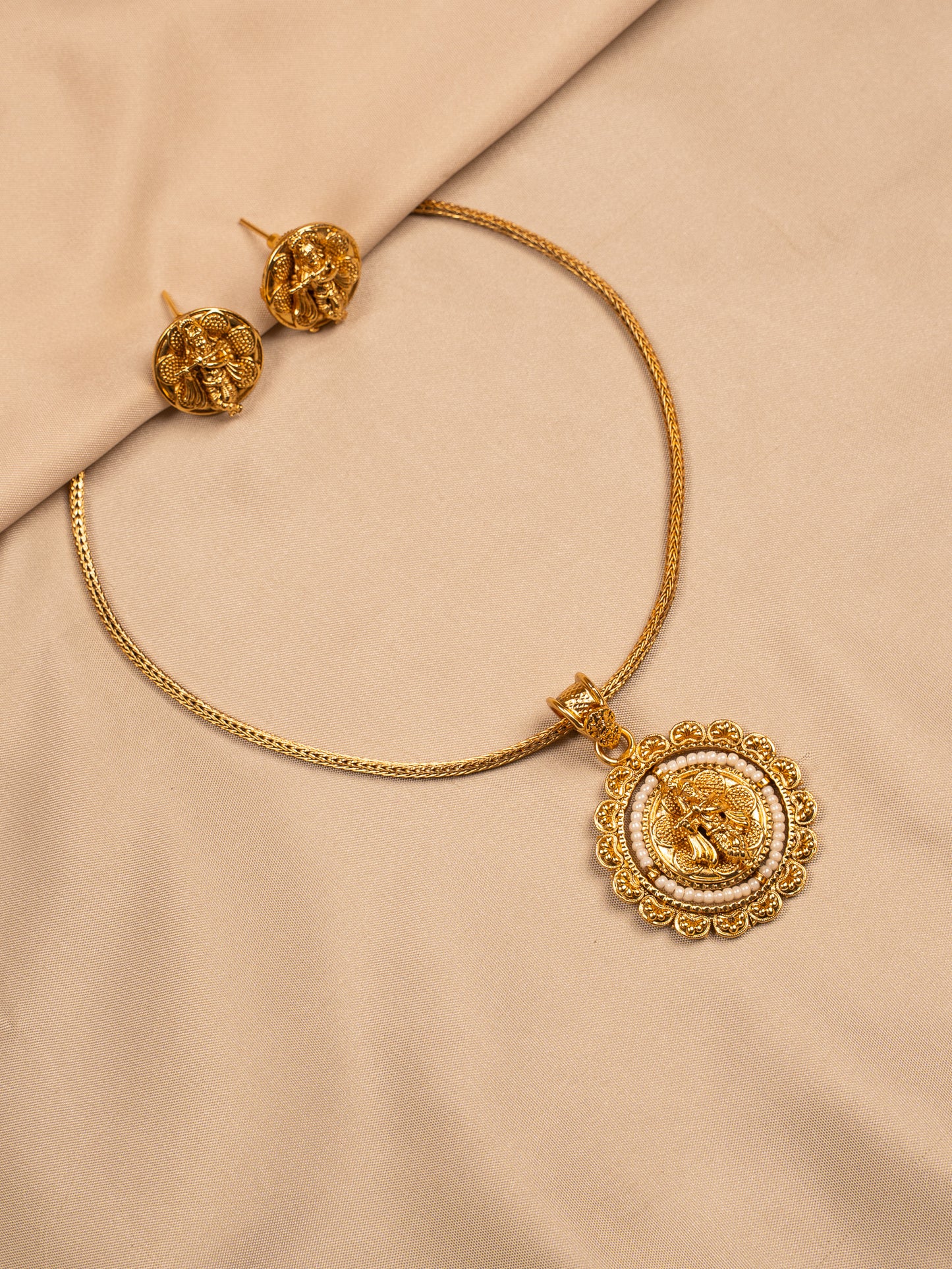 Lakshmi Round Pendant Set with Antique Gold Finish – Temple Jewelry Style