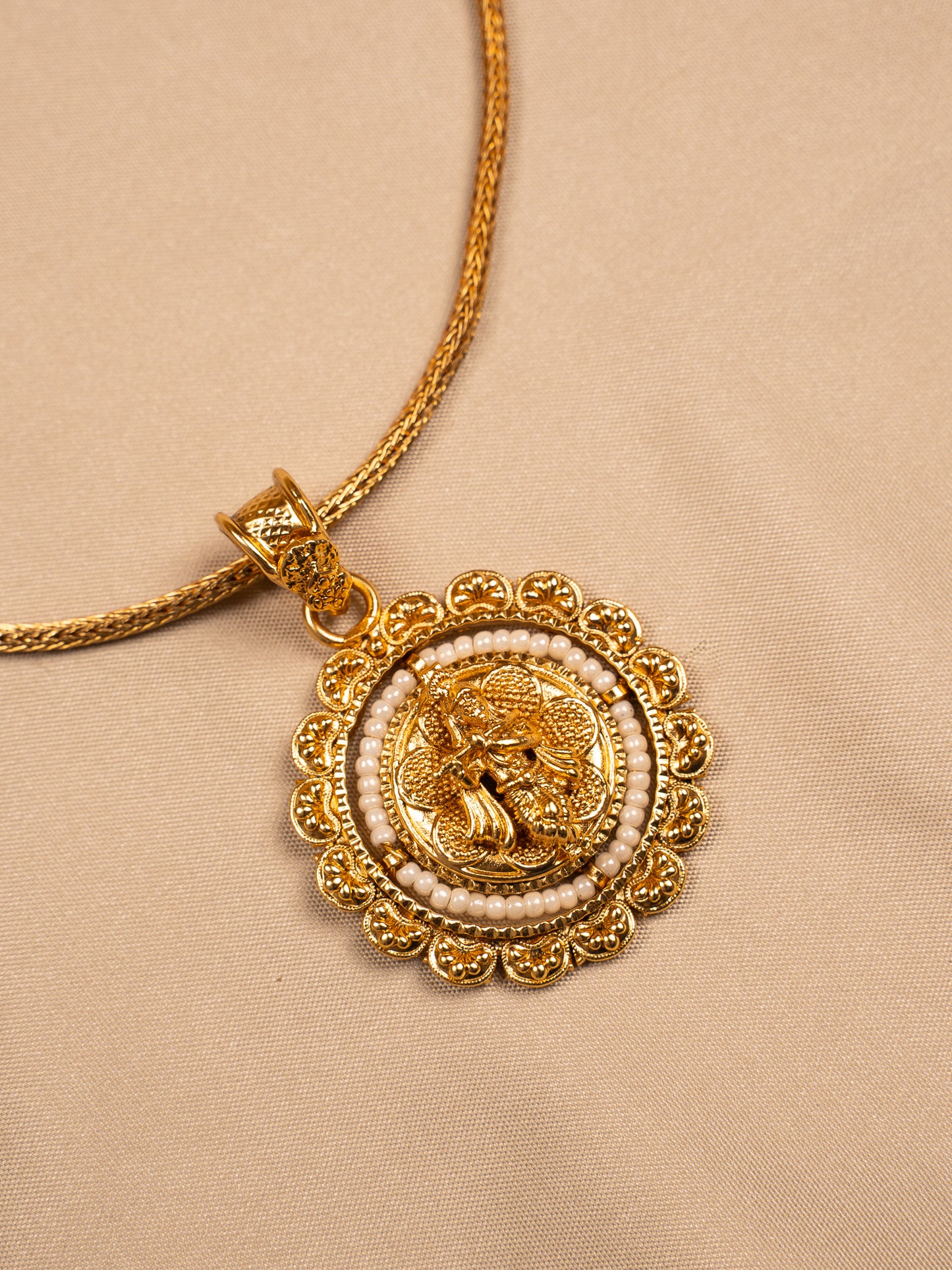 Lakshmi Round Pendant Set with Antique Gold Finish – Temple Jewelry Style