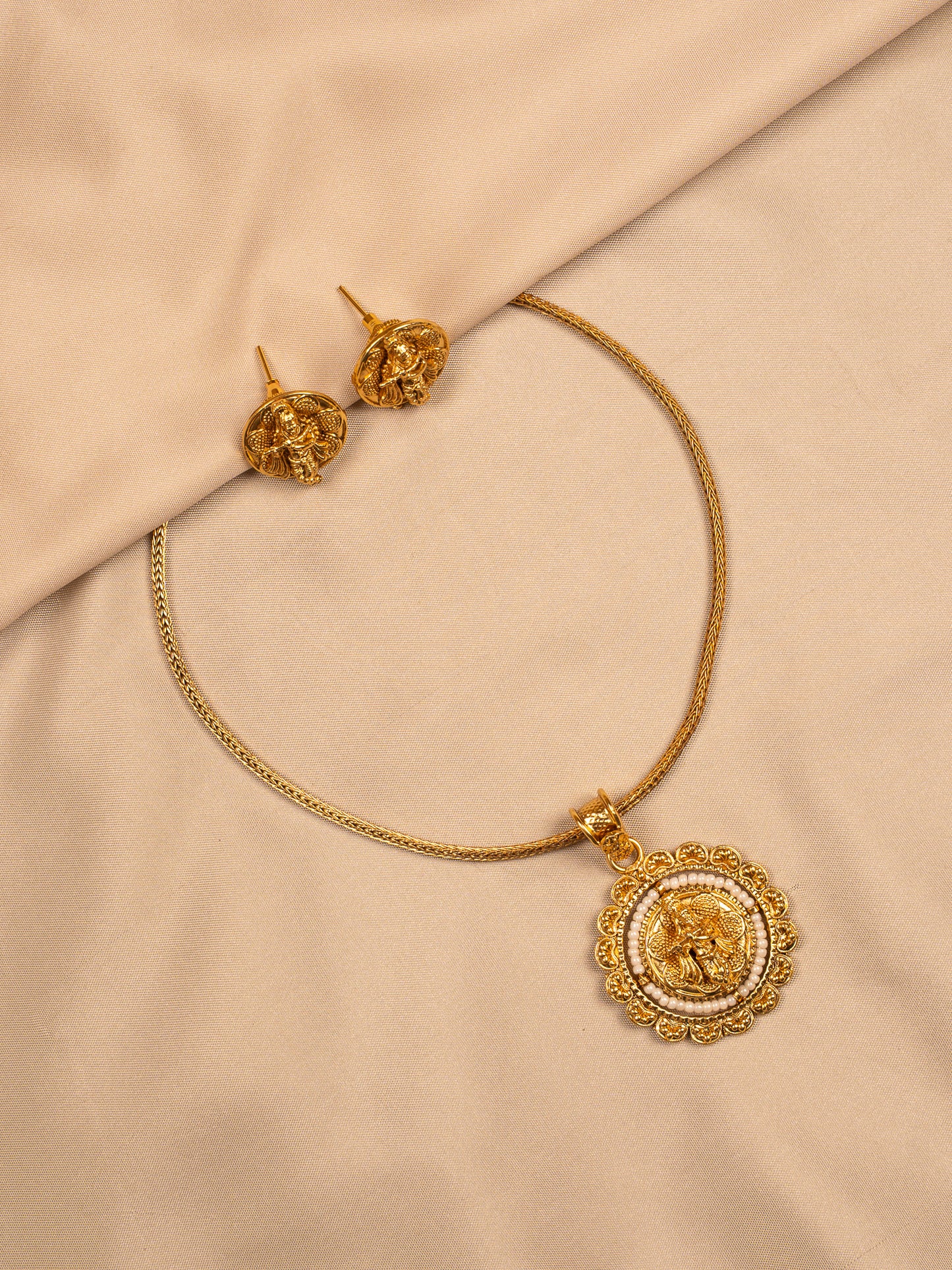 Lakshmi Round Pendant Set with Antique Gold Finish – Temple Jewelry Style