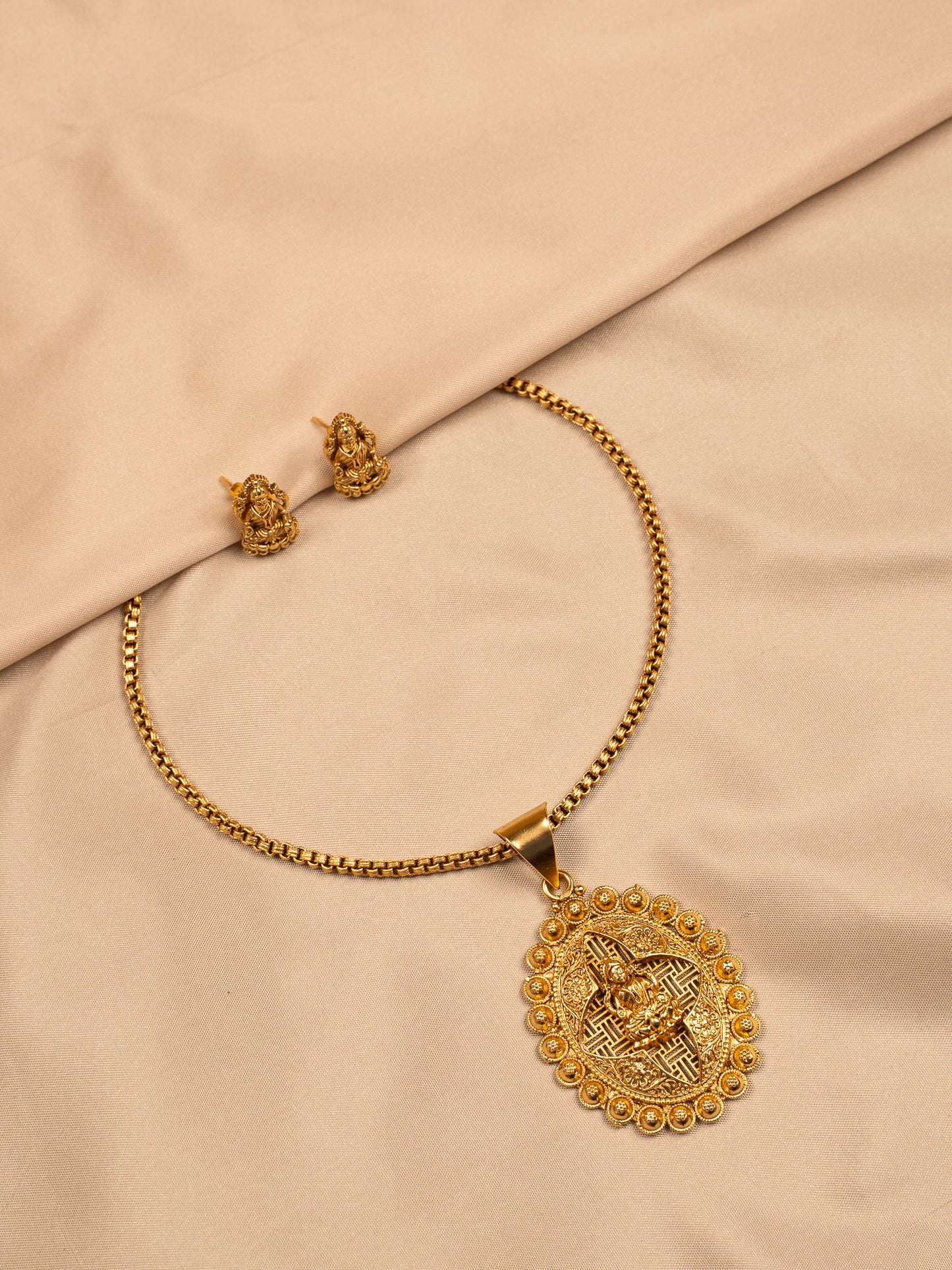Antique Lakshmi Pendant Set with Stud Earrings – Gold Plated