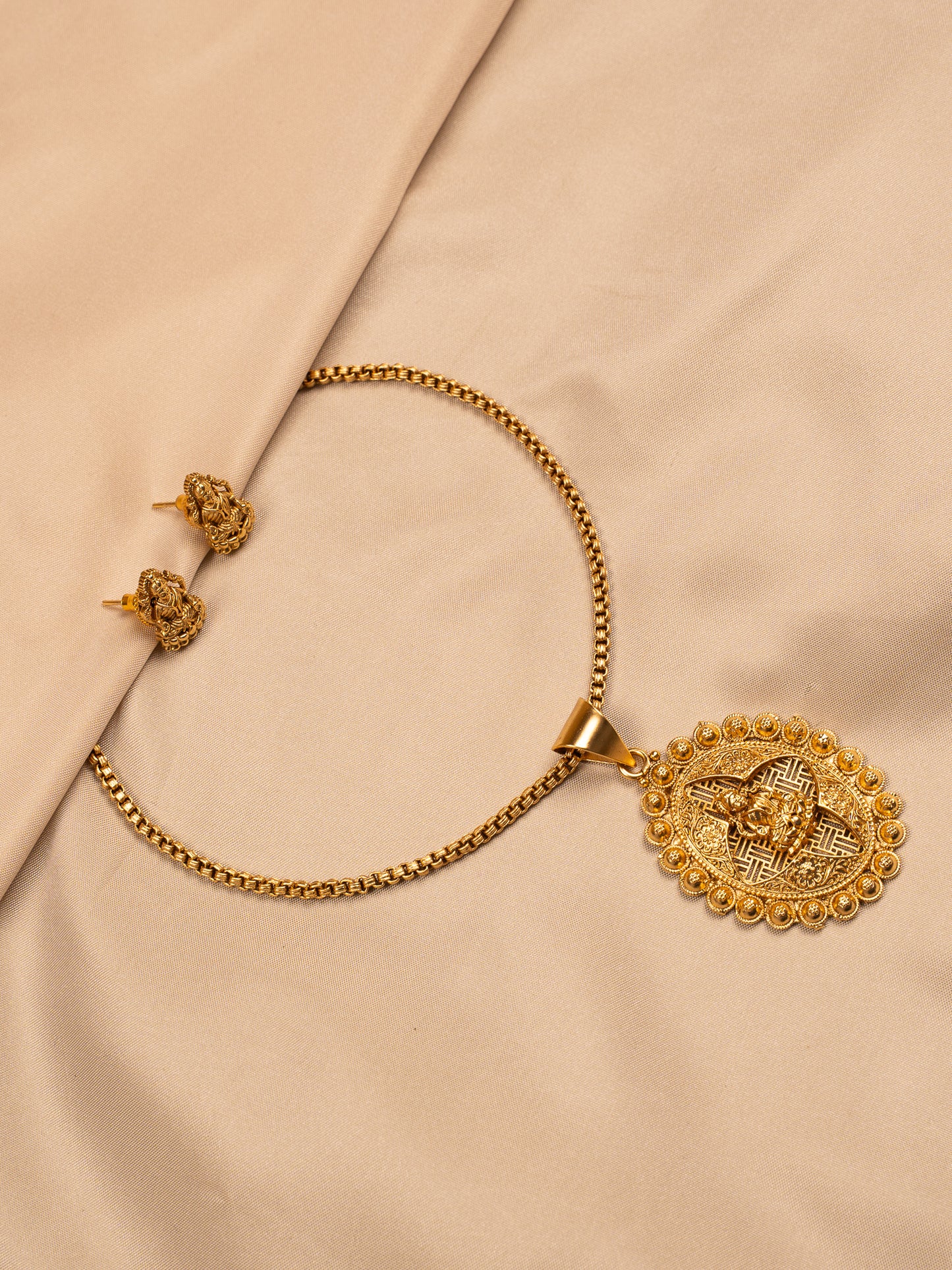 Antique Lakshmi Pendant Set with Stud Earrings – Gold Plated