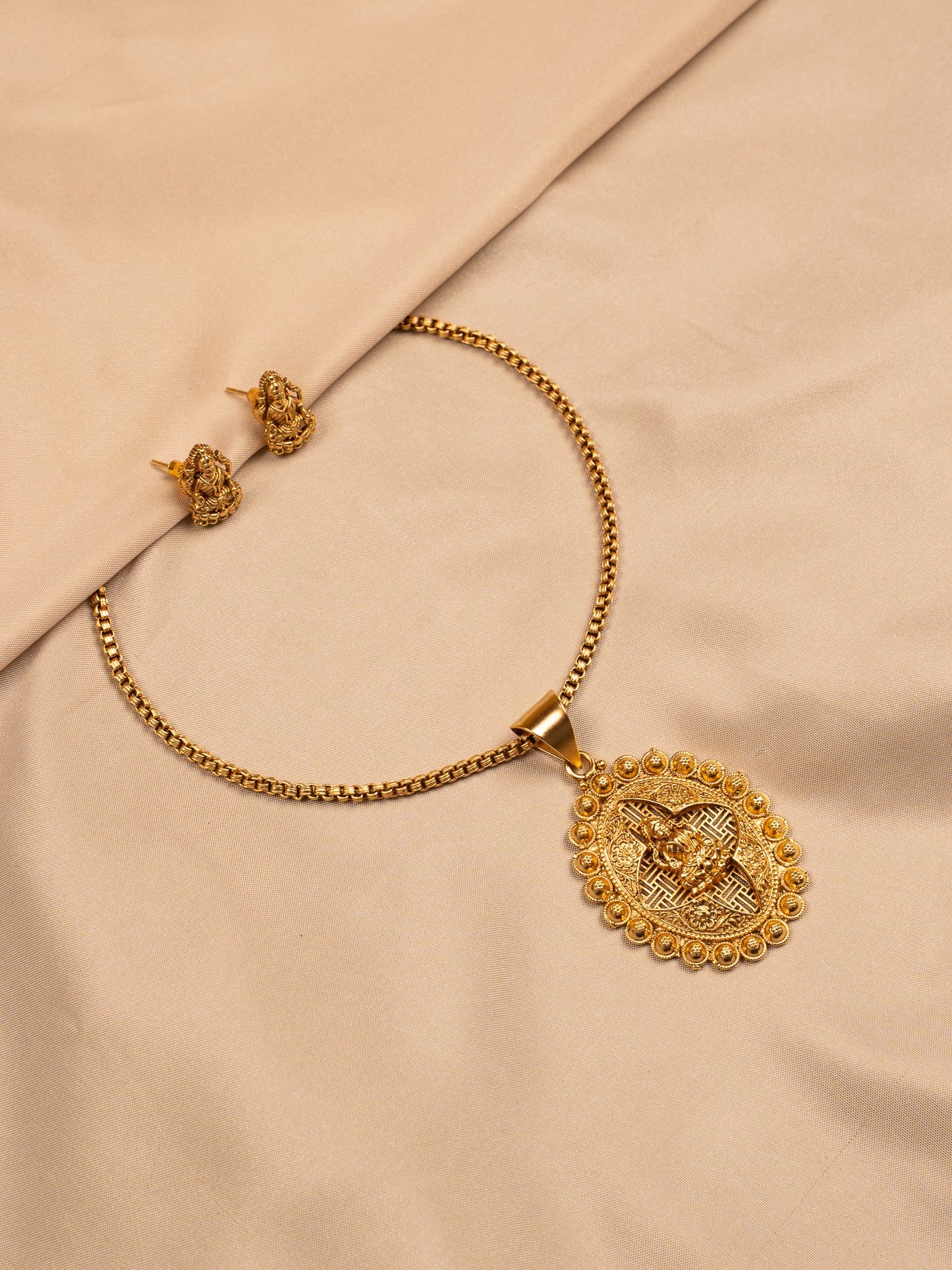 Antique Lakshmi Pendant Set with Stud Earrings – Gold Plated