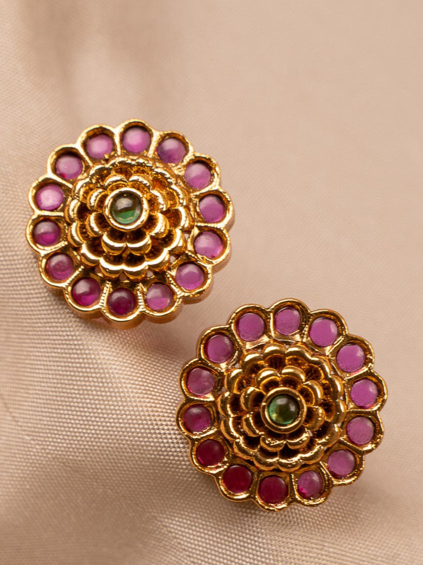 Pink & Green Enamel Floral Stud Earrings in Gold Finish