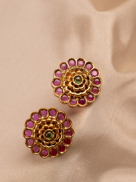 Pink & Green Enamel Floral Stud Earrings in Gold Finish
