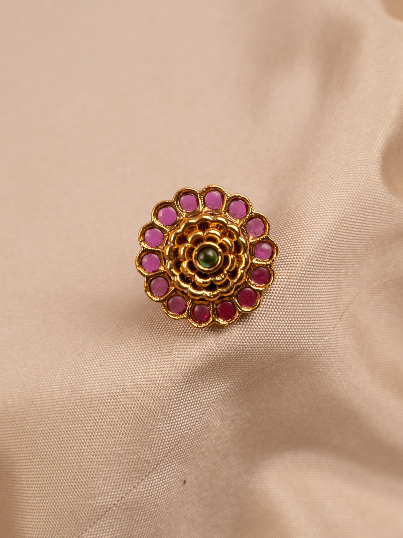 Pink & Green Enamel Floral Stud Earrings in Gold Finish