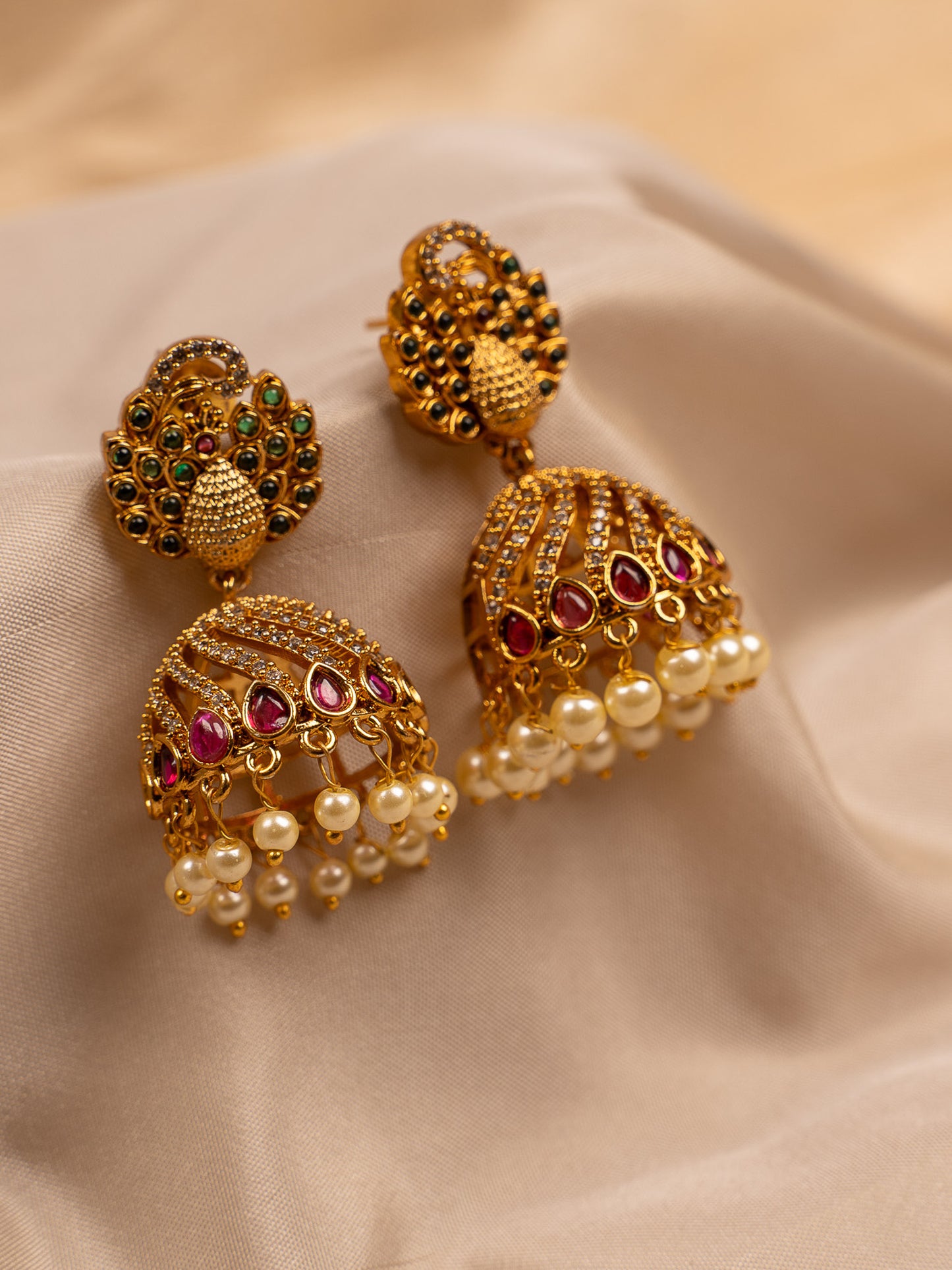 Peacock Motif Jhumka Earrings with Kundan & Pearl Drops