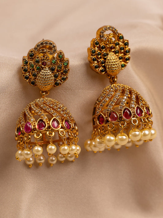 Peacock Motif Jhumka Earrings with Kundan & Pearl Drops