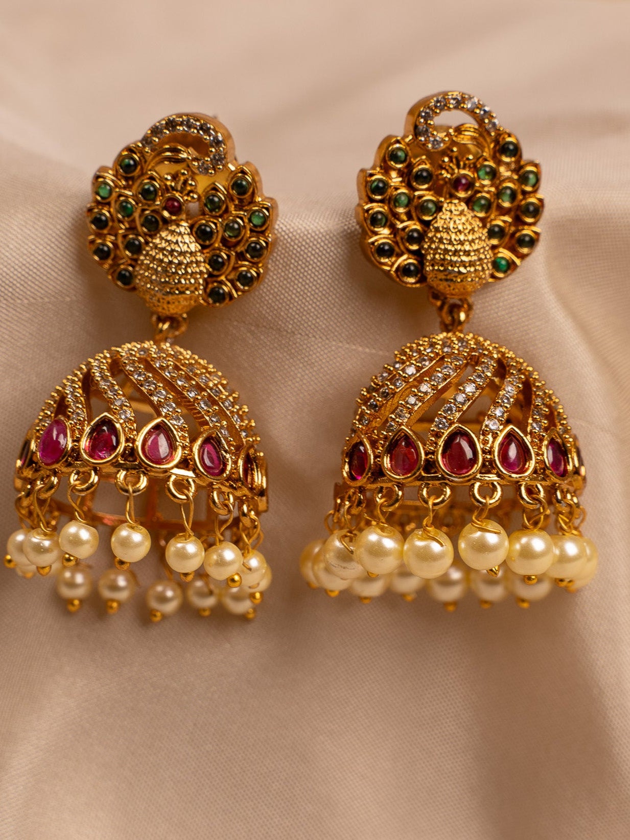 Peacock Motif Jhumka Earrings with Kundan & Pearl Drops