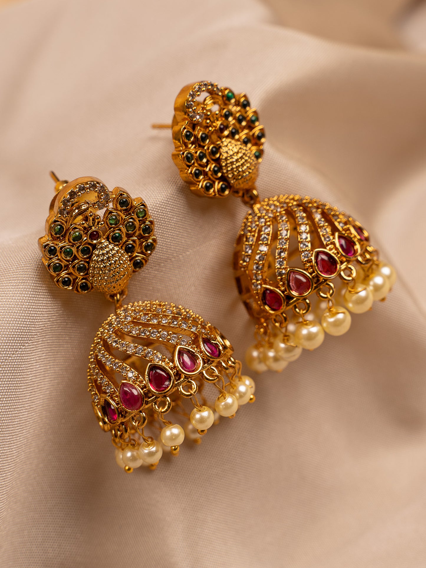 Peacock Motif Jhumka Earrings with Kundan & Pearl Drops