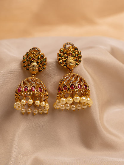Peacock Motif Jhumka Earrings with Kundan & Pearl Drops