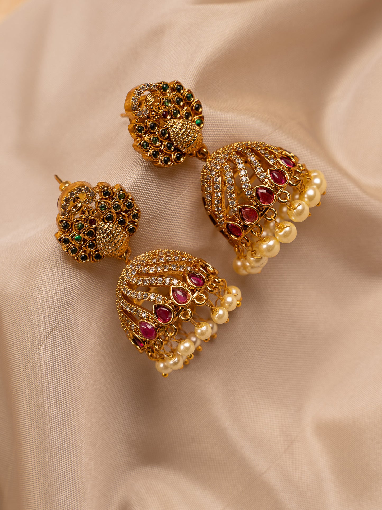 Peacock Motif Jhumka Earrings with Kundan & Pearl Drops