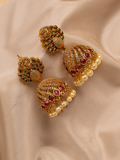 Peacock Motif Jhumka Earrings with Kundan & Pearl Drops
