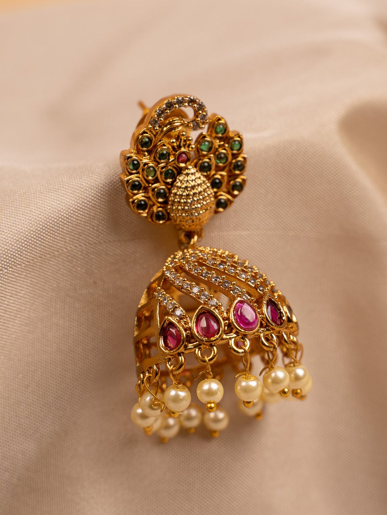 Peacock Motif Jhumka Earrings with Kundan & Pearl Drops