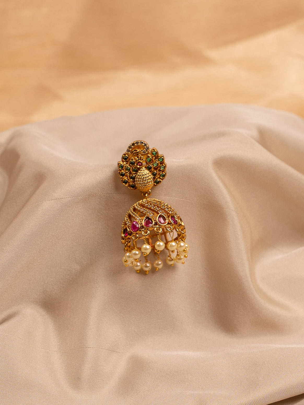 Peacock Motif Jhumka Earrings with Kundan & Pearl Drops