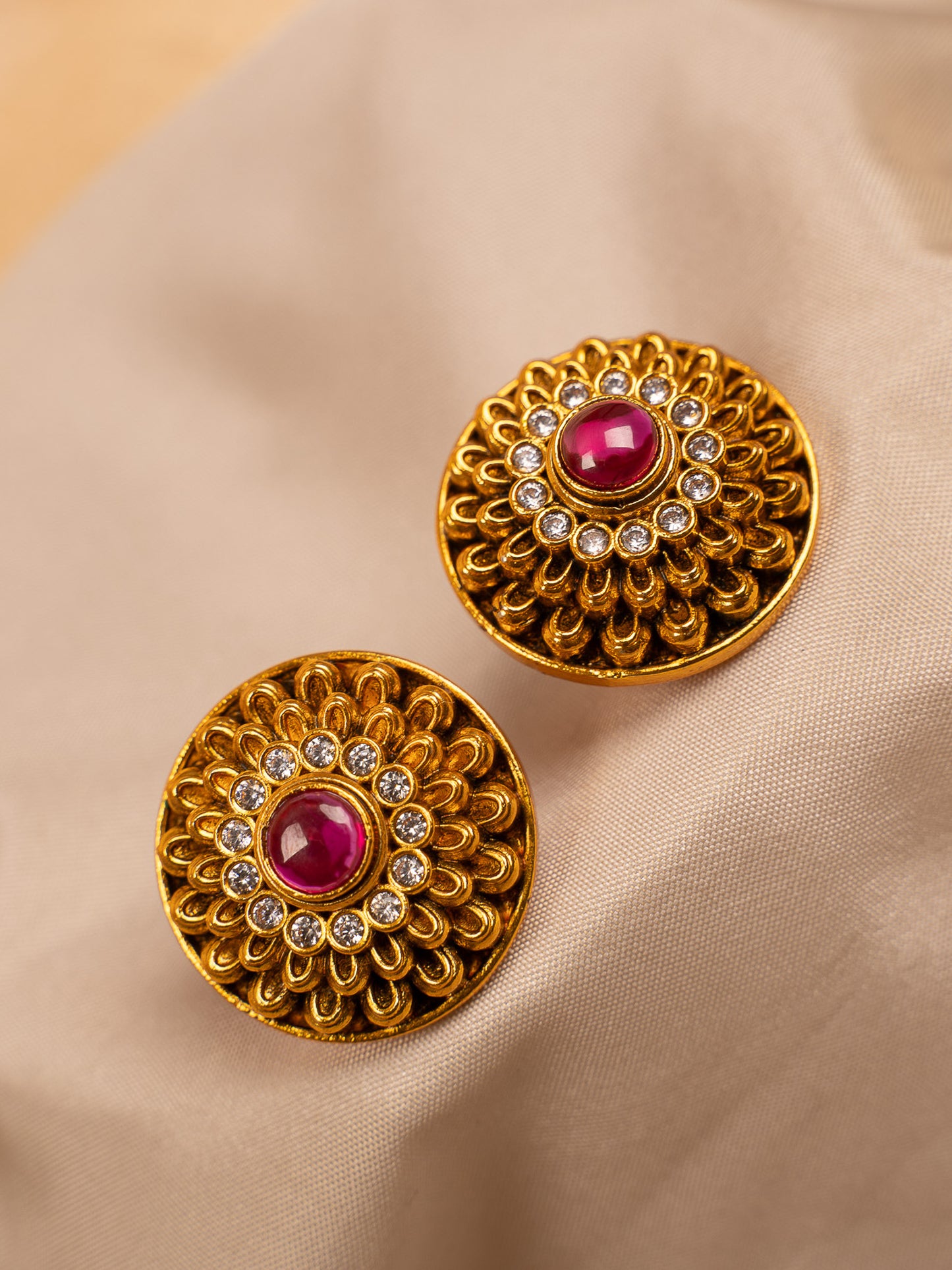 Gold-Toned Floral Stud Earrings with Ruby Center & CZ Detailing