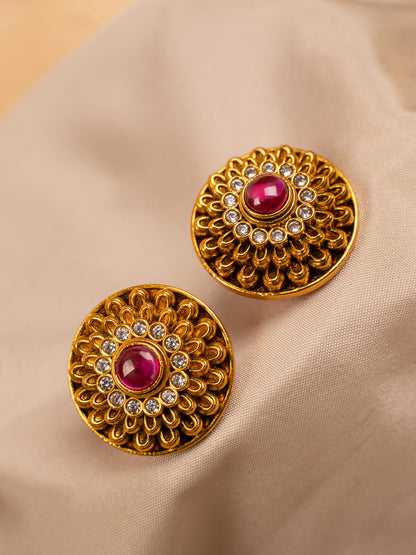 Gold-Toned Floral Stud Earrings with Ruby Center & CZ Detailing