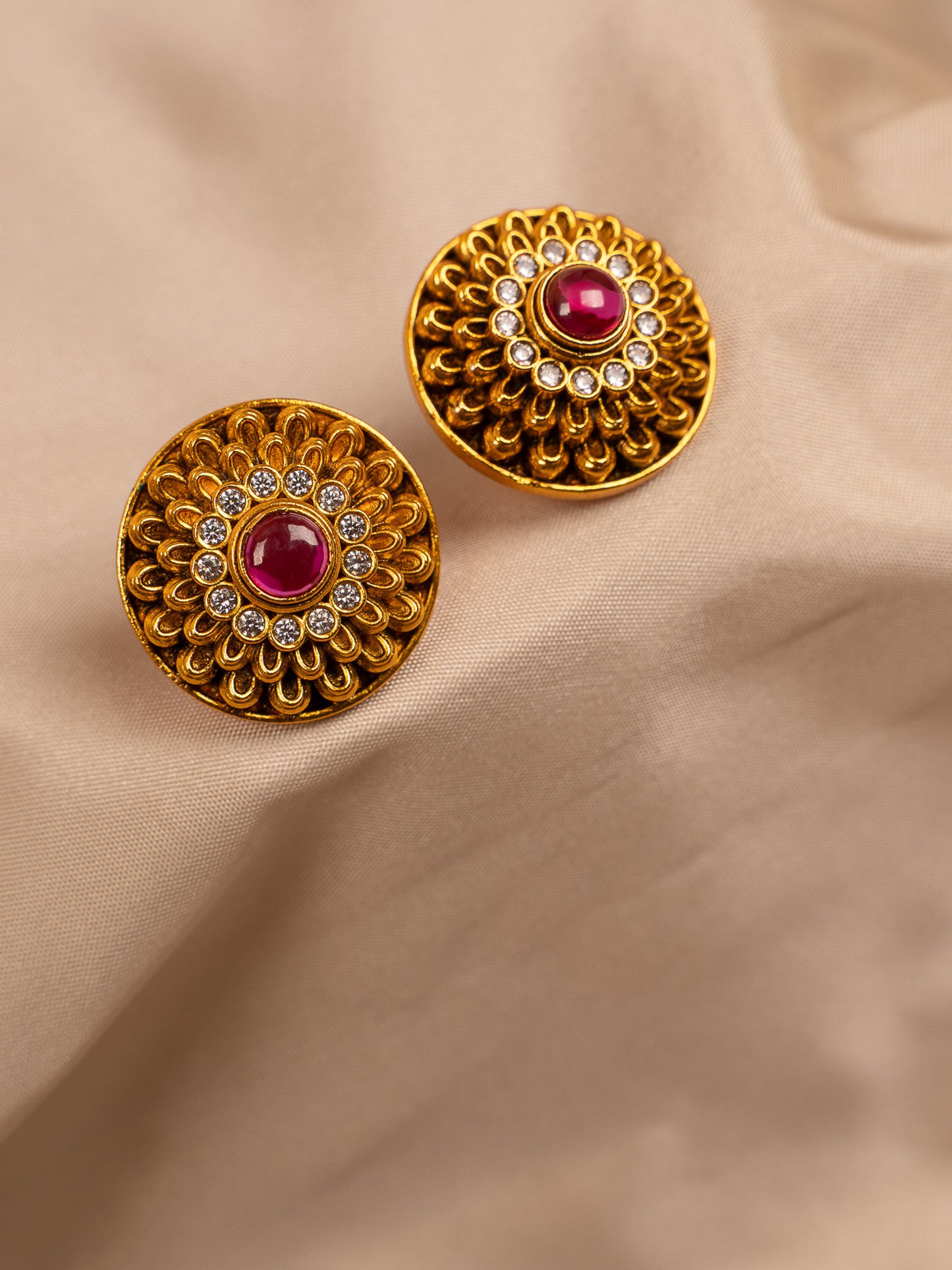 Gold-Toned Floral Stud Earrings with Ruby Center & CZ Detailing