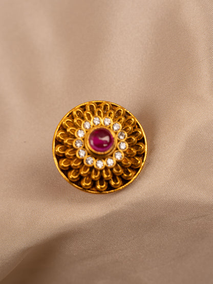 Gold-Toned Floral Stud Earrings with Ruby Center & CZ Detailing