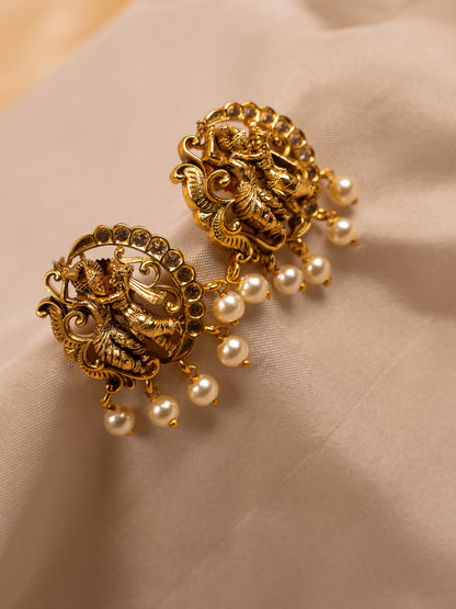 Antique Gold Radha Krishna Temple Earrings with Pearl Drops