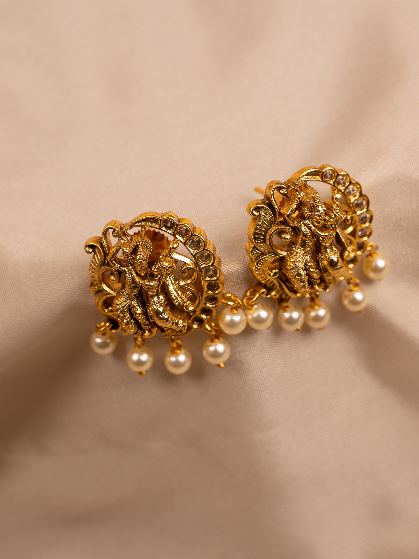 Antique Gold Radha Krishna Temple Earrings with Pearl Drops