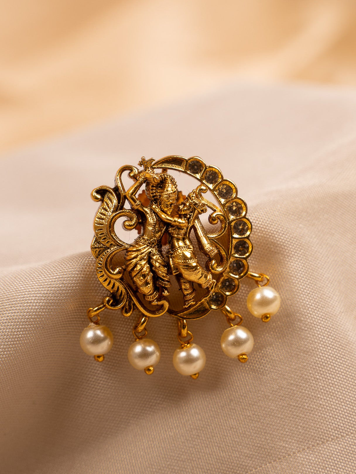 Antique Gold Radha Krishna Temple Earrings with Pearl Drops