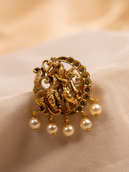 Antique Gold Radha Krishna Temple Earrings with Pearl Drops