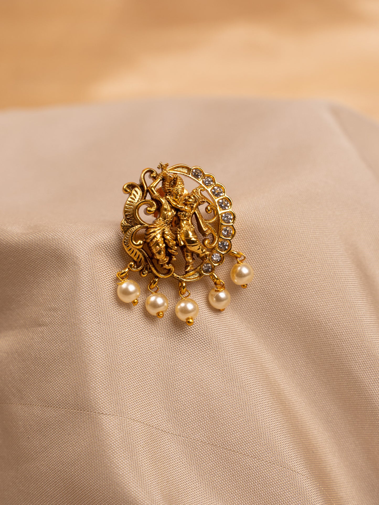 Antique Gold Radha Krishna Temple Earrings with Pearl Drops