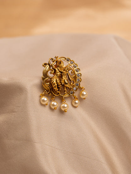 Antique Gold Radha Krishna Temple Earrings with Pearl Drops