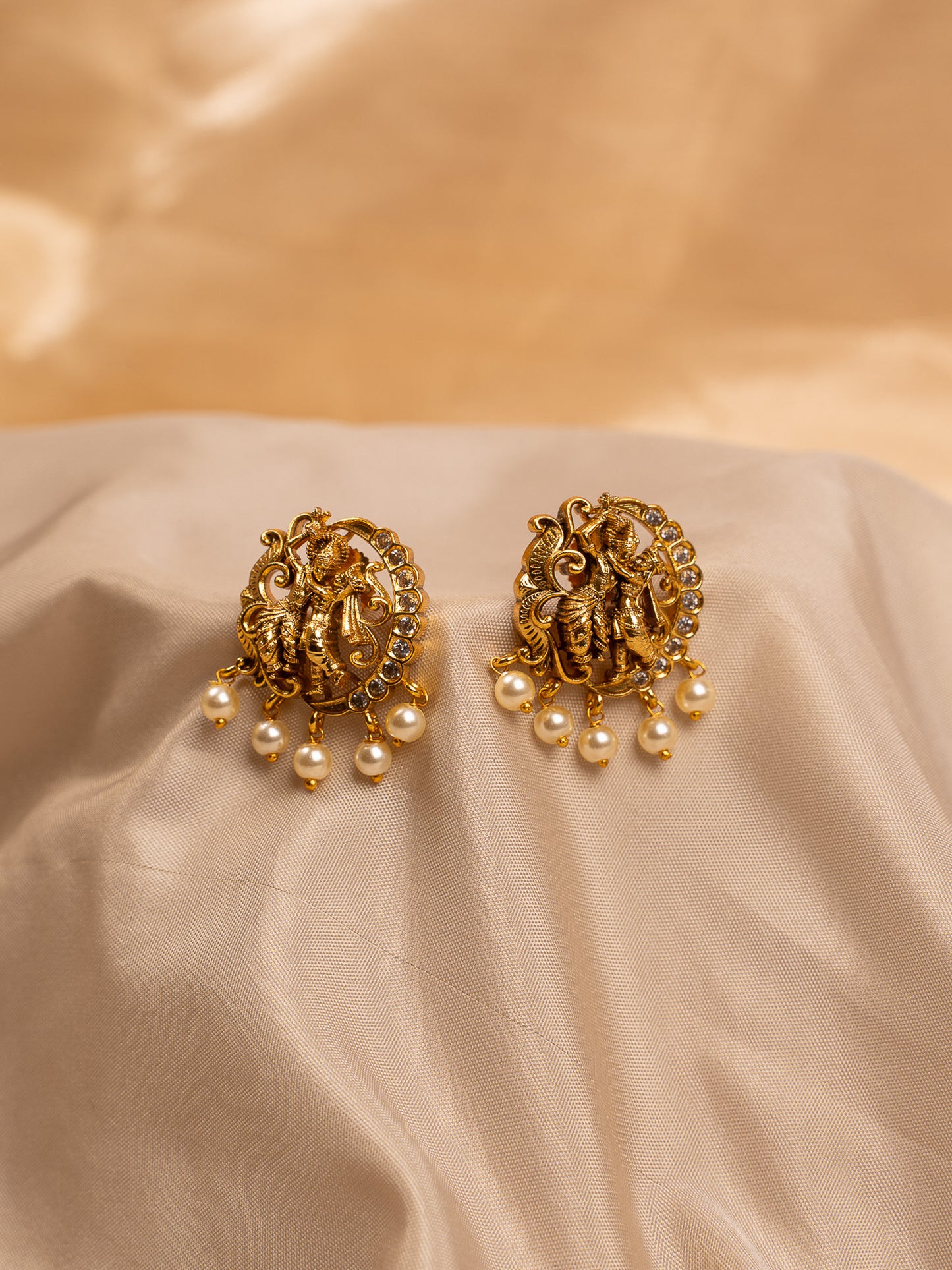 Antique Gold Radha Krishna Temple Earrings with Pearl Drops