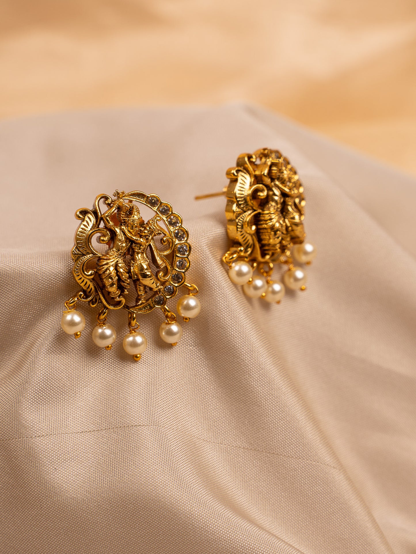 Antique Gold Radha Krishna Temple Earrings with Pearl Drops