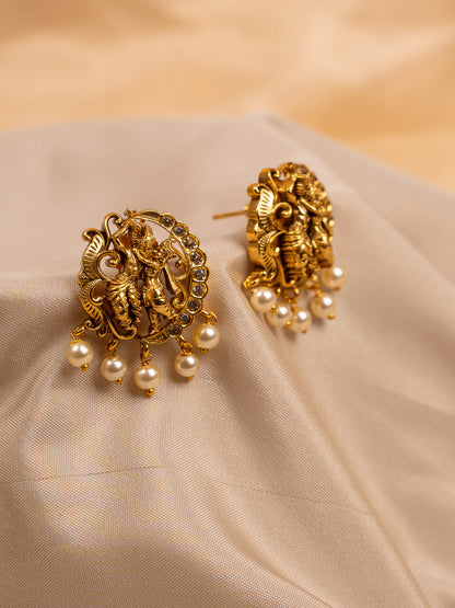 Antique Gold Radha Krishna Temple Earrings with Pearl Drops